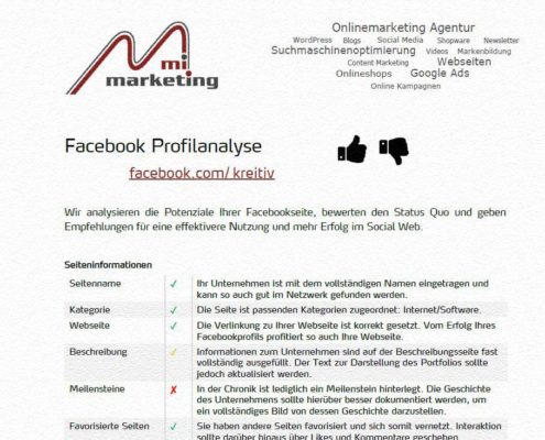 Überprüfung der Seiteninformationen, Bewertungen, Beitragsfrequenz u.v.m. einer Facebookseite